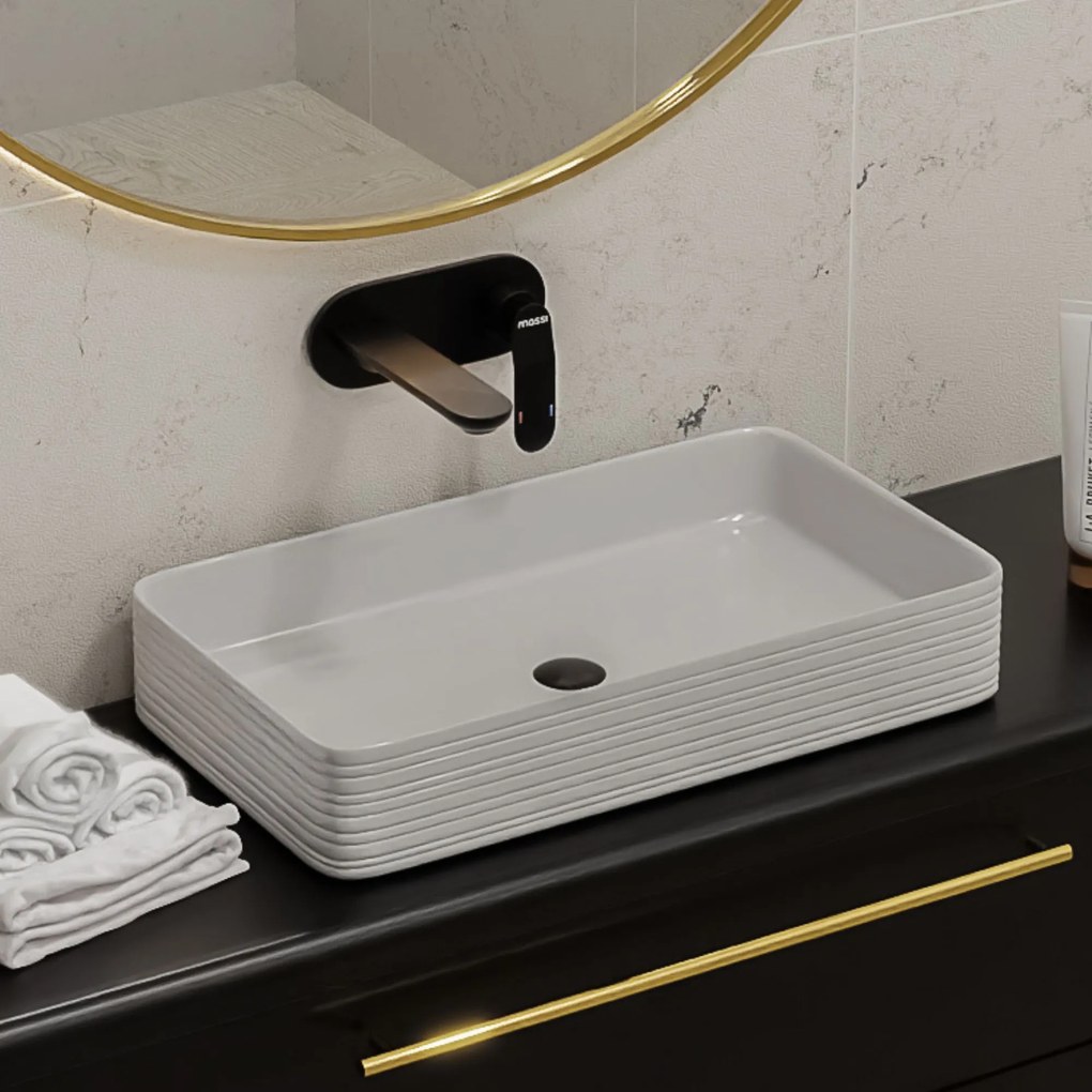 Umywalka ceramiczna nablatowa prostokątna ryflowana biała 67 x 38 cm LAMI
