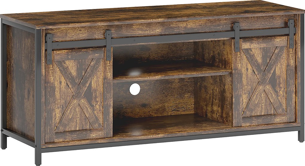 HOMCOM Niski stolik pod TV, design industrialny, na telewizory do 60'', 6 przegródek, 2 drzwi przesuwne, Brąz/Czarny