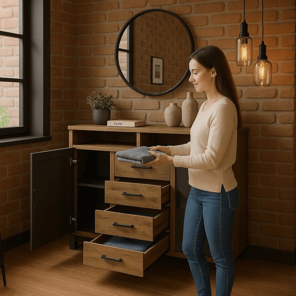 Komoda Dwudrzwiowa z Szufladami BLAGO MIDI B 119,5 cm Ciemny Dąb/Czarny Loft