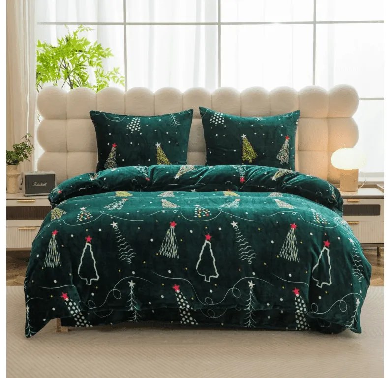 PrzytulneMieszkanie.pl PrzytulneMieszkanie.pl PrzytulneMieszkanie.pl Zestaw pościeli z mikropluszu CHRISTMAS DRIFT zielony + prześcieradło z mikropluszu SOFT 180x200 cm białe, podwójne łóżko