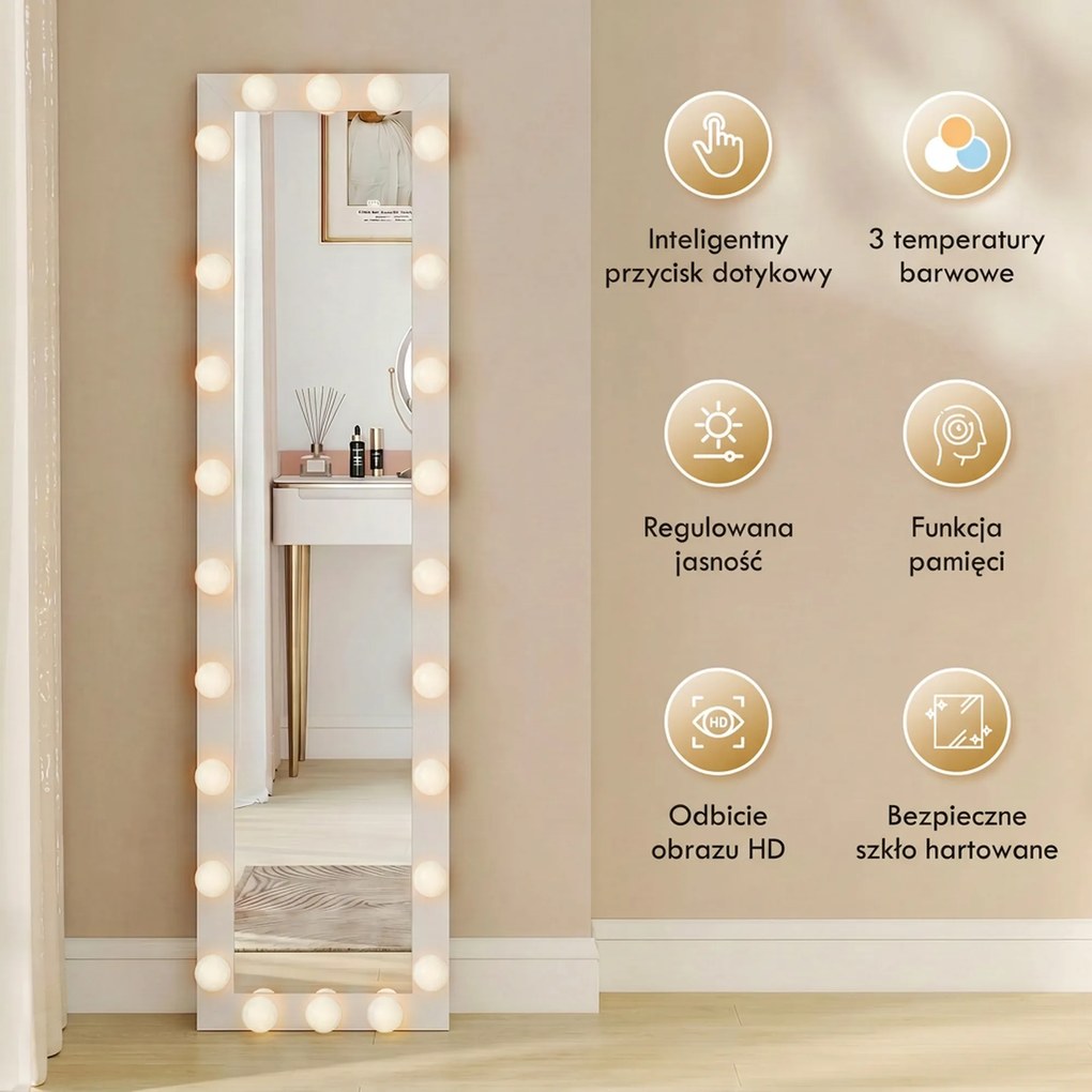 HOMCOM Lustro całopostaci 150x40 cm Lustro LED z 24 żarówkami 3 barwy światła, wolnostojące, do oparcia lub montażu na ścianie Biały | Aosom PL