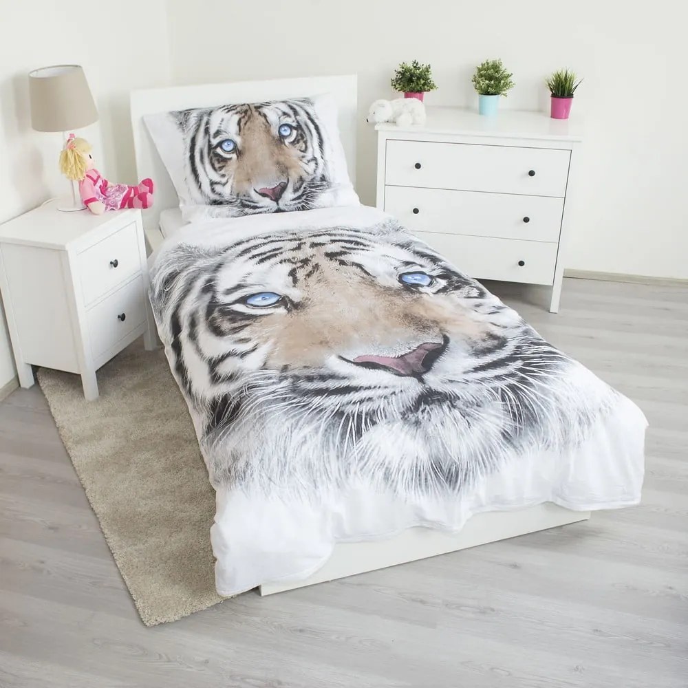 Biała/szara bawełniana pościel dziecięca jednoosobowa 140x200 cm White Tiger – Jerry Fabrics