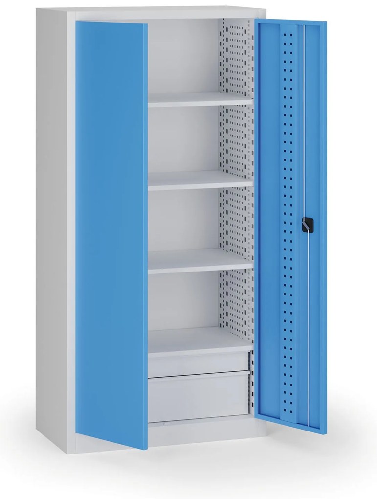 Szafa warsztatowa, 4 półki + 2 szuflady, 1950 × 950 × 500 mm, niebieskie drzwi