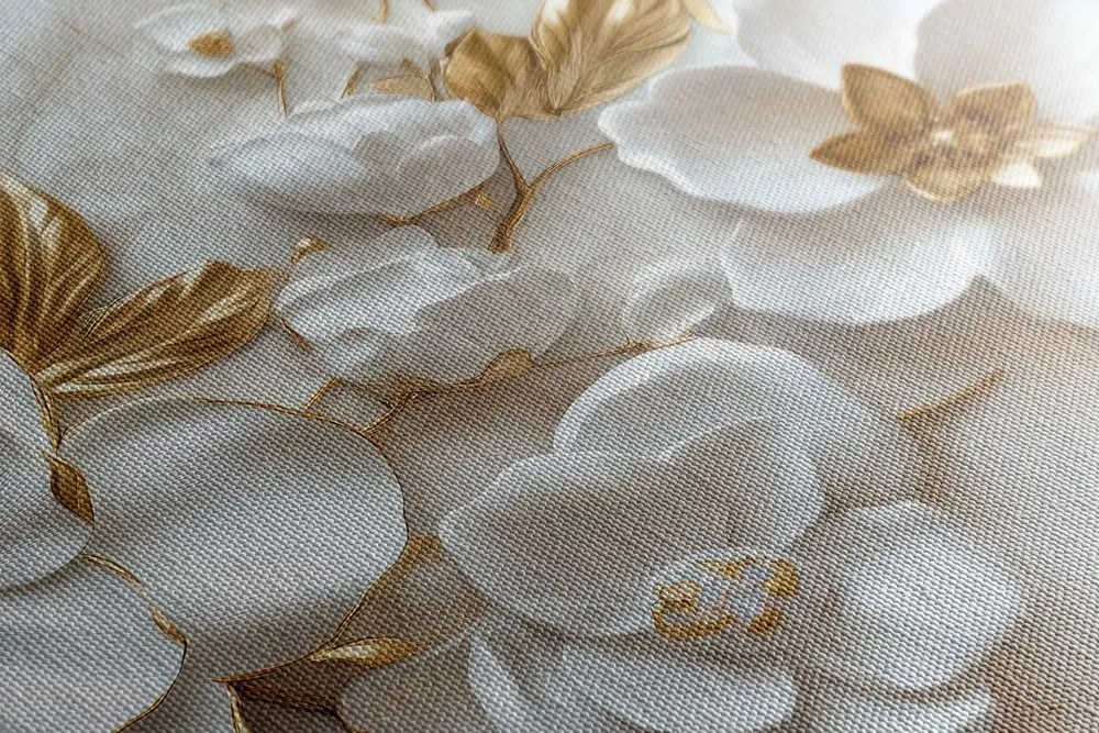 Obraz 3D kwiaty ze złotymi liśćmi