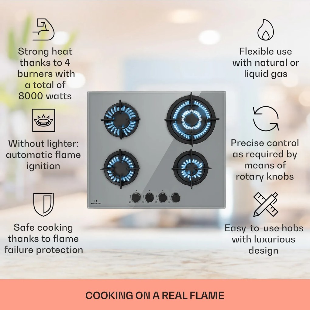 Klarstein Firetale 60cm Płyta gazowa 4 palniki Szary