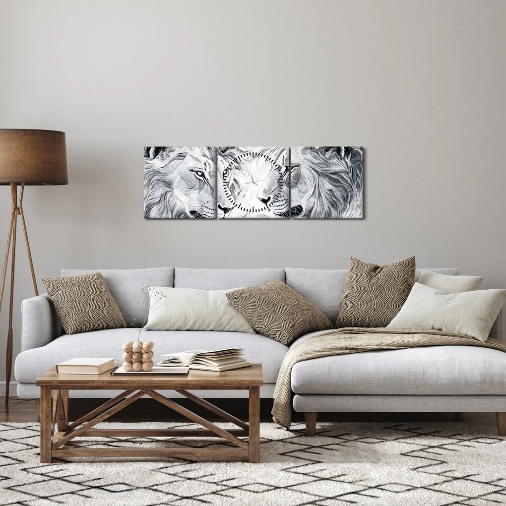Obraz - Rysowane lwie głowy (z zegarem) (90x30 cm)