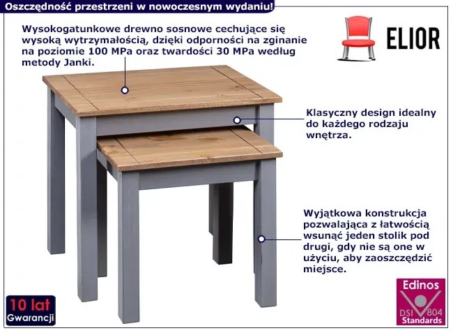 Drewniane stoliki wsuwane pod siebie szary stelaż Serta