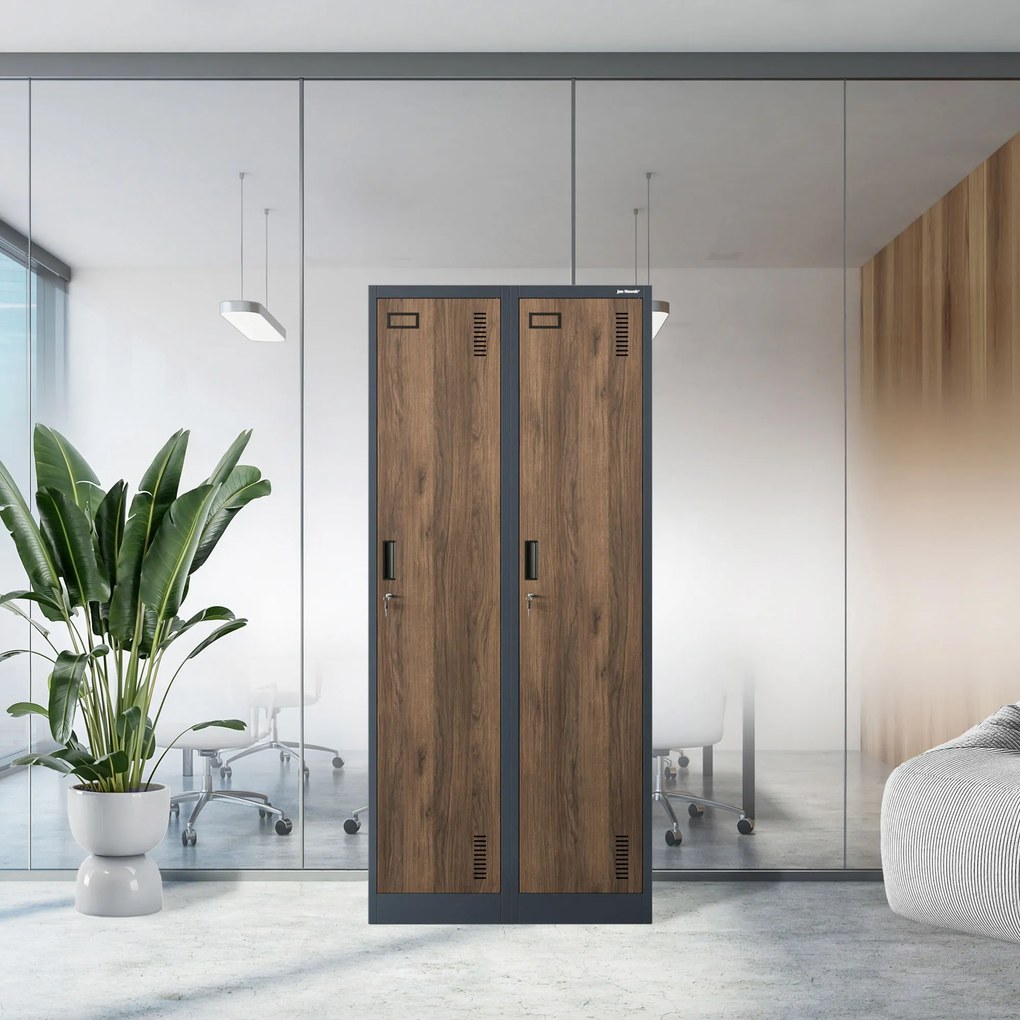 Szafka ubraniowa pracownicza czterokomorowa antracytowa/orzech, 800x1800x500 mm: KACPER Eco Design