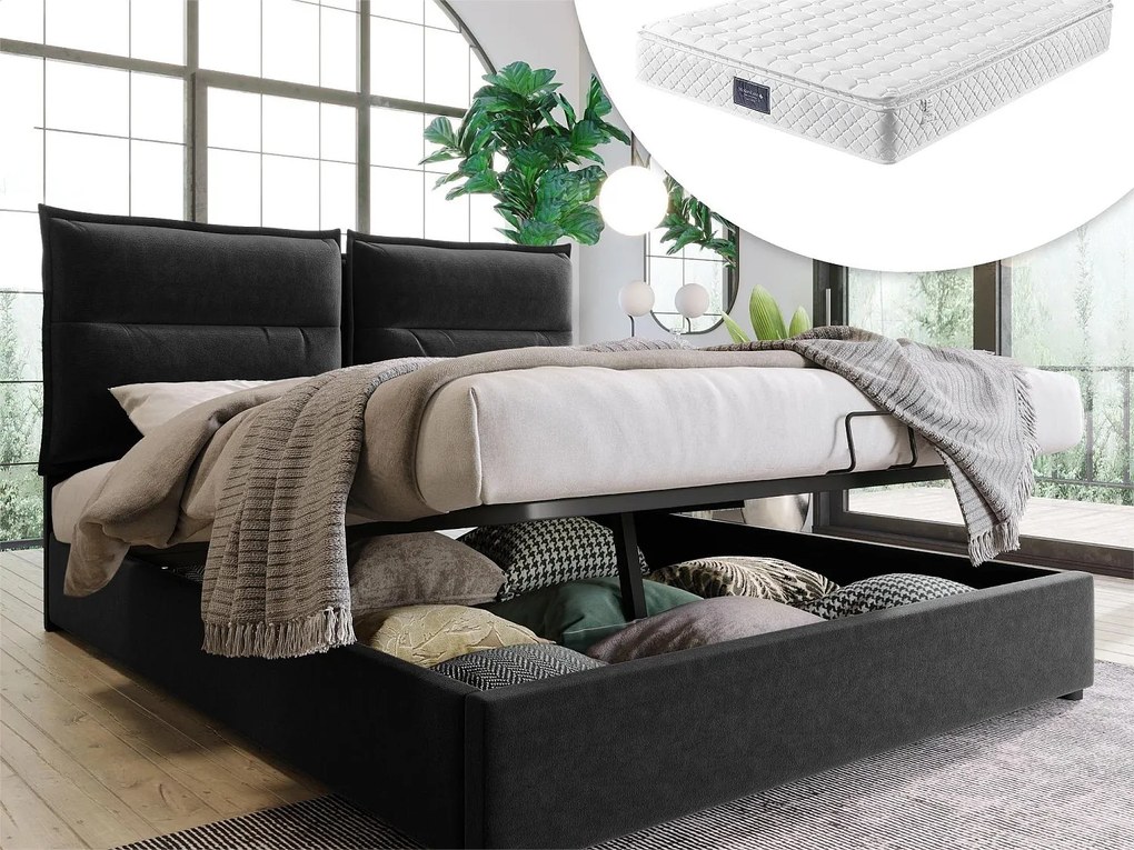 Łóżko ze schowkiem 140 x 200 cm - aksamit - stelaż listwowy - czarne + materac