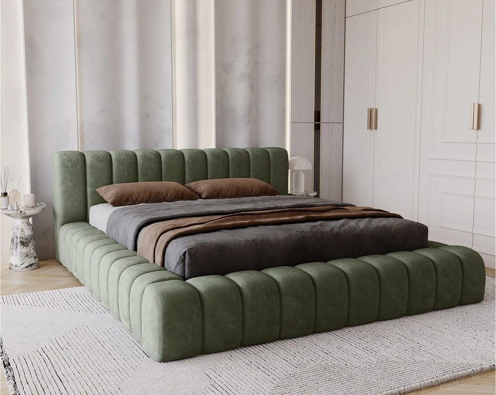 Emporius Como łóżko z pojemnikiem do sypialni - łózko tapicerowane 140x200, nowoczesny styl - duże łózko, gruba pianka - tkanina velvet, zielony (Whisper 11)