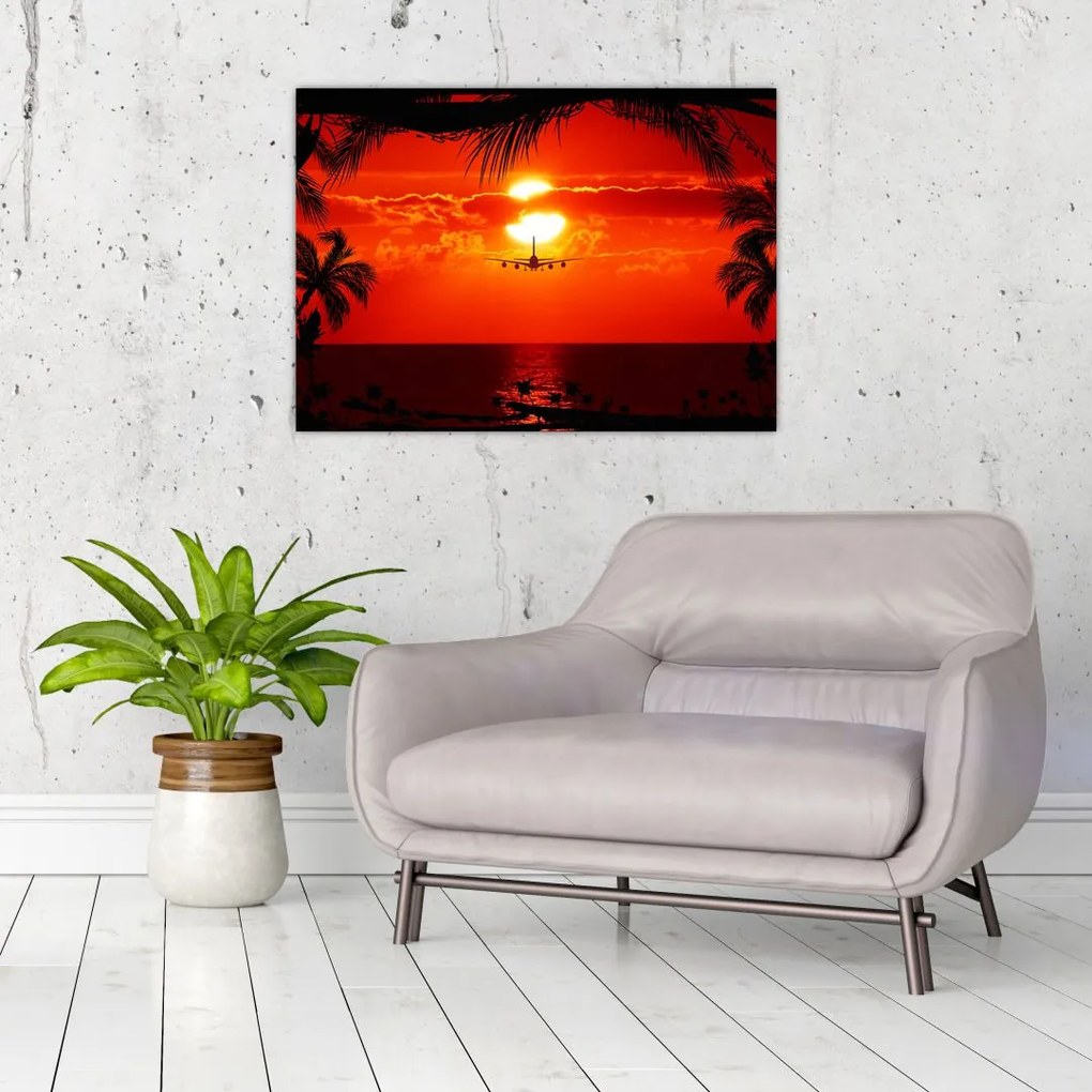 Obraz - zachód słońca z samolotem (70x50 cm)