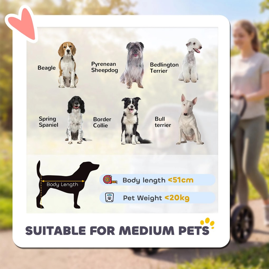 PawHut Wózek dla psa składany z zmywalną poduszką, oknami z siatki, 3 kołami, dla średnich psów do 20 kg, szary | Aosom PL