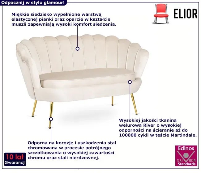 Kremowa dwuosobowa sofa glamour do salonu - Deos