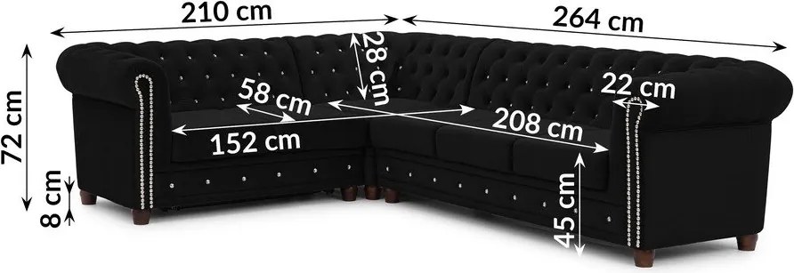 Czarny aksamitny rozkładany narożnik (lewostronny/w kształcie litery L) York Blik – Ropez