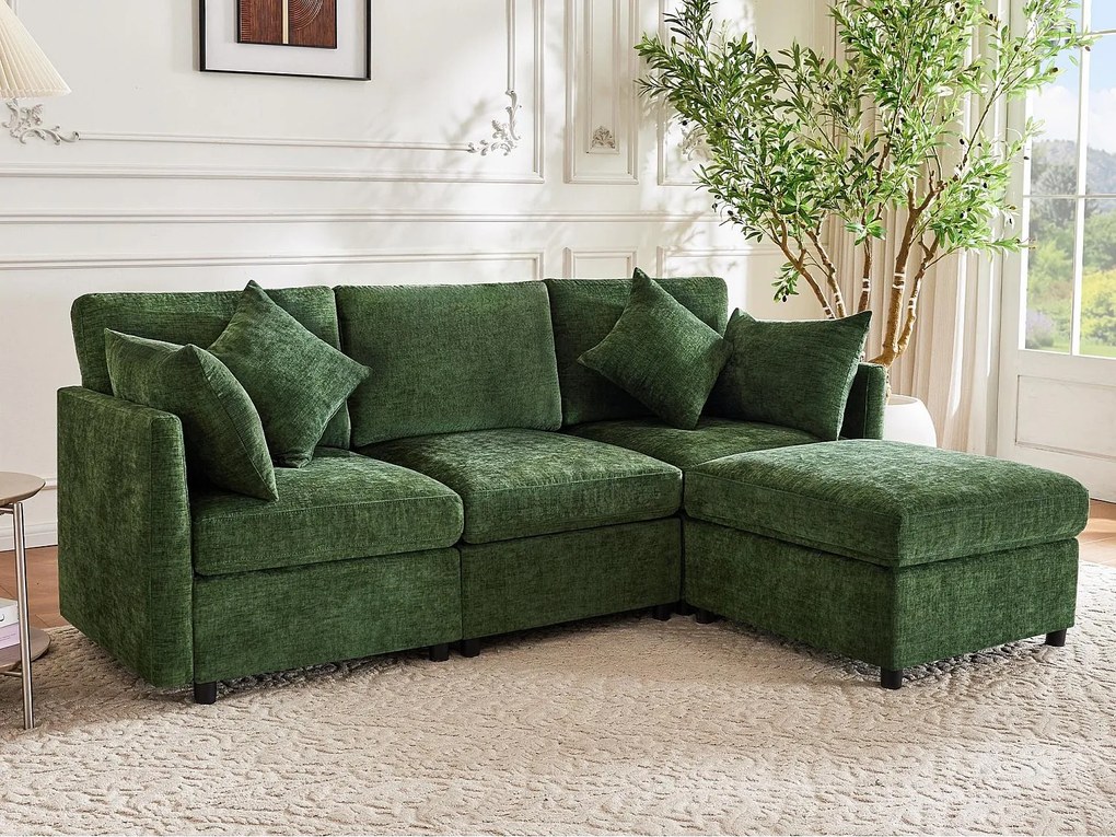 Kanapa narożna w kształcie L - trzy osoby - z ruchomym pufem - z 4 poduszkami - tkanina chenille - zielony