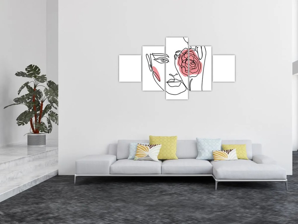 Obraz - Line art twarz z różą (125x70 cm)