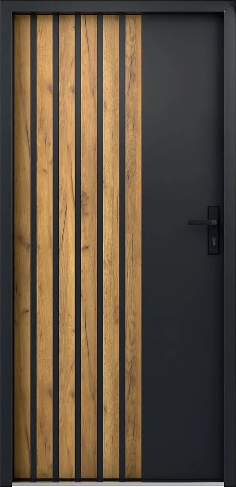 Drzwi zewnętrzne pełne ze stali wys. 207 x szer. 100 cm - Czarny i pasy imitujące drewno - prawe otwierane do wewnątrz - COBRITA