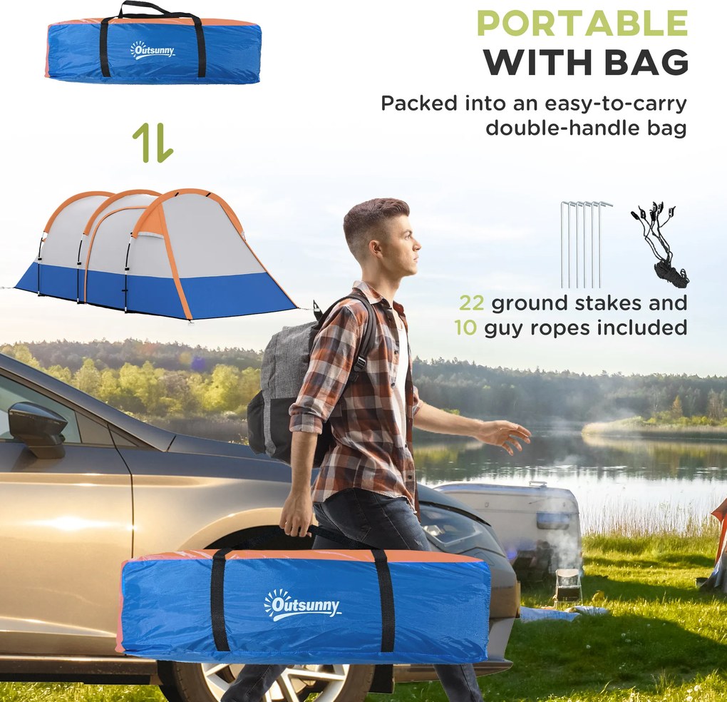 Outsunny Namiot kempingowy dla 3 osób, z haczykiem na latarnię, trzema wejściami, wodoodporny, Pomarańczowy