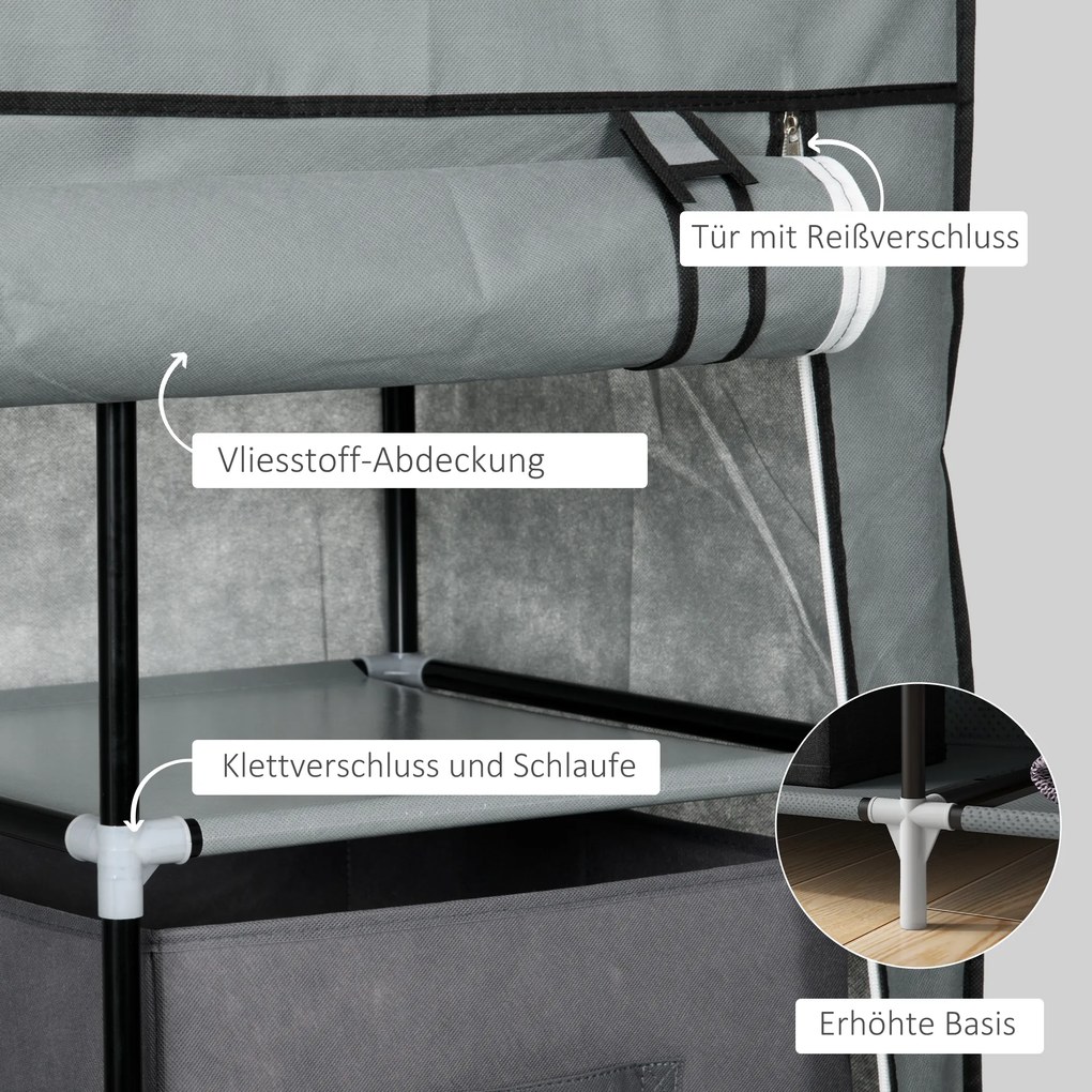 HOMCOM Szafa z tkaniny Szafa do przechowywania ubrań składana, 1 drążek na ubrania, 6 półek, 102 x 42,5 x 162,5 cm, Szary