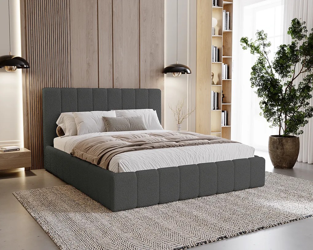 BESILIO Sypialnia łóżko slim 120x200 Lexy - stelaż metalowy, pojemnik na pościel, slim łóżko, tkanina boucle - Szary