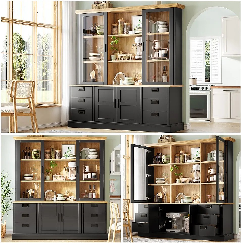 Wysoka komoda kuchenna - 140 x 40 x 185 cm - z 6 szufladami + drzwiami szklanymi + półkami - MDF - czarna