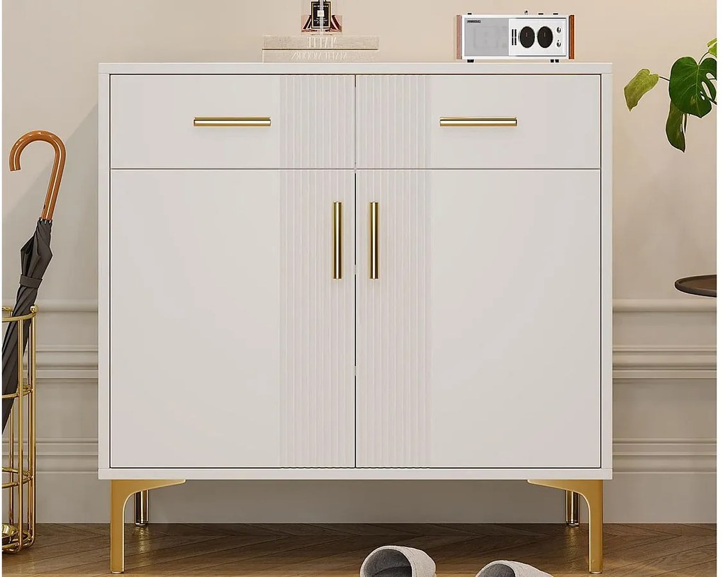 Nowoczesny kredens 80x35x79,5 cm – z 2 szufladami i 2 drzwiczkami – metalowe nogi – MDF – biały