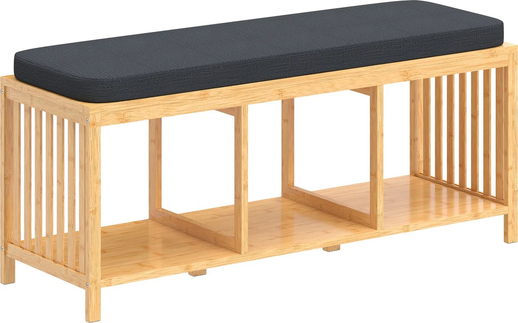 HOMCOM Bambusowa ławka na buty, ławka do przedpokoju z miękkim siedziskiem i otwartą półką, naturalny bambus | Aosom PL