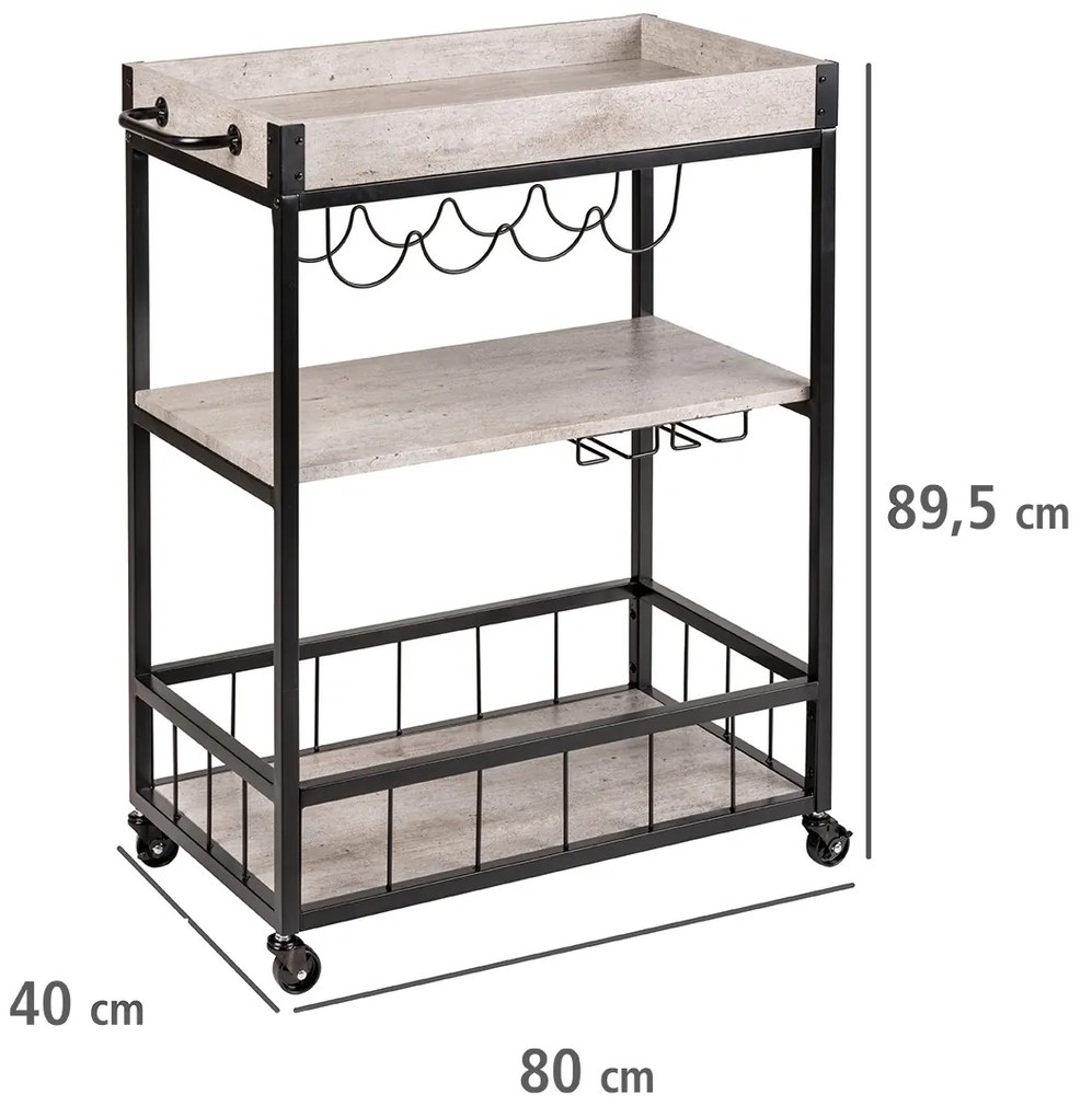 Wózek kuchenny RUSTICO, trójpoziomowy regał na kółkach z uchwytami na butelki i kieliszki - 80 x 89,5 x 40 cm, WENKO