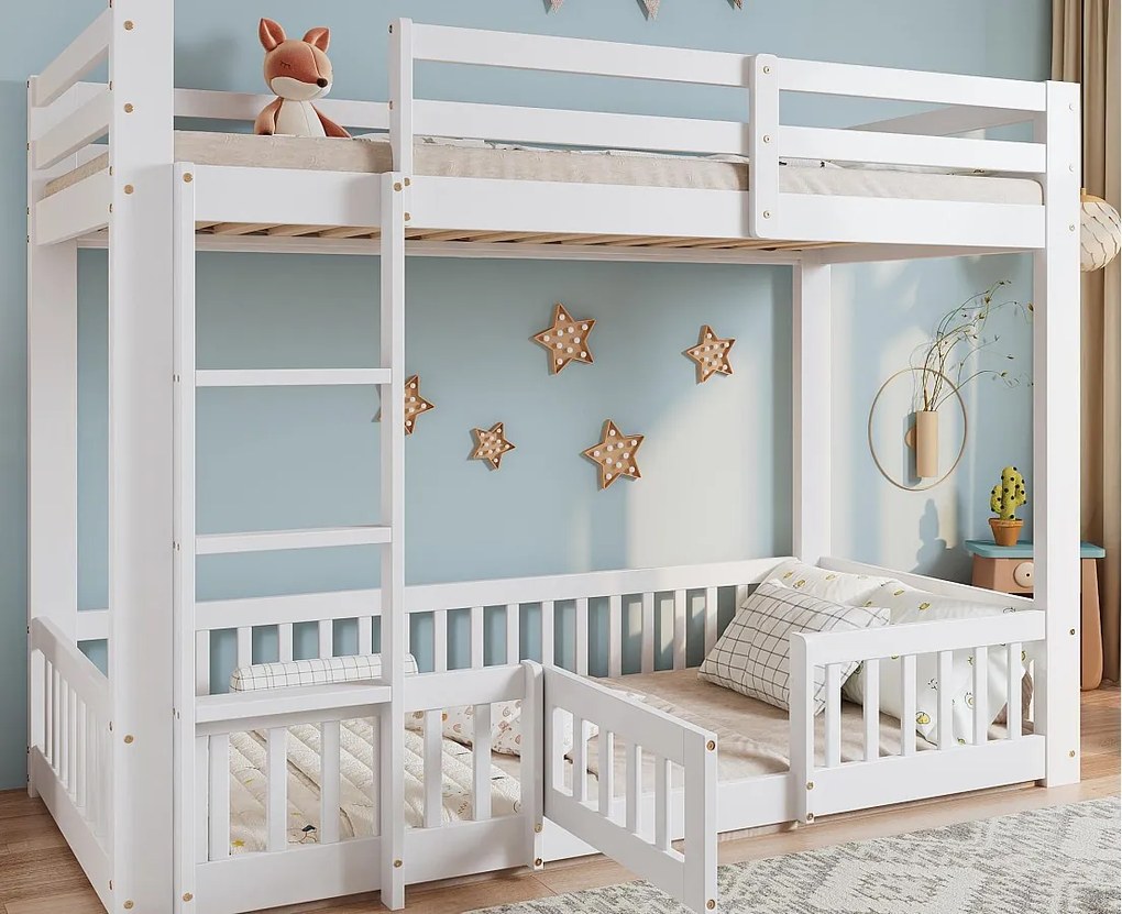 Łóżko piętrowe z litego drewna - 90x200 cm - z poręczami zabezpieczającymi - Białe