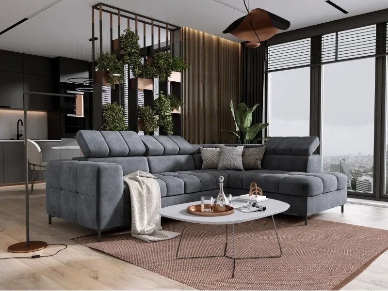 Narożnik PABLOS układ L strona Prawa w tkaninie CLOUD 91 regulowane zagłówki z funkcją spania