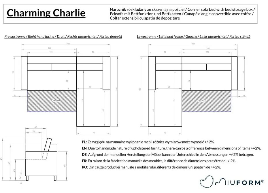 Szary rozkładany narożnik (lewostronny) Charming Charlie – Miuform