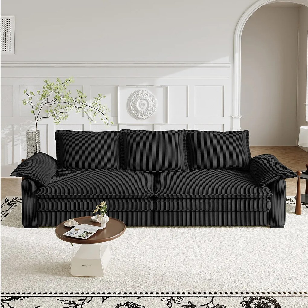 Sofa 3-osobowa w welurze żebrowanym, z 2 poduszkami na podłokietniki, zdejmowanymi i nadającymi się do prania, 265x86x88cm, Czarny