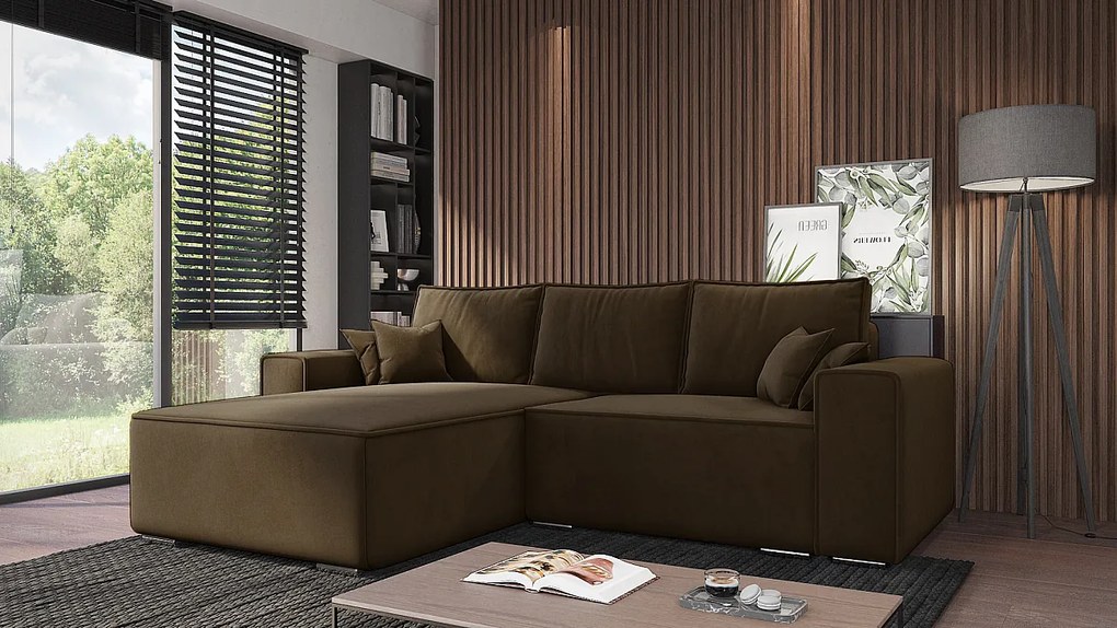Emporius Lora narożnik rozkładany - narożnik z funkcją spania i pojemnikiem - nowoczesny styl, lewostronny, tkanina aksamitna, brązowy (Amor Velvet 4301)