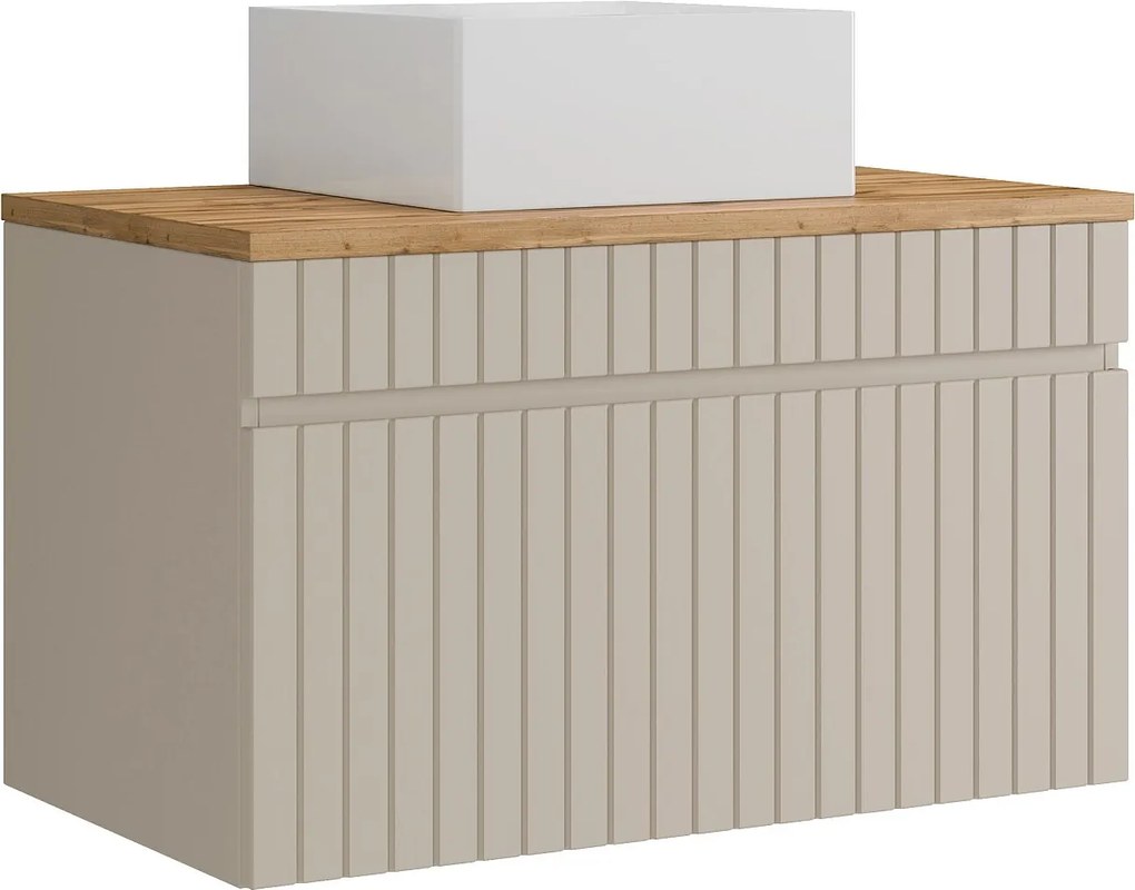 Wisząca szafka łazienkowa prążkowana beżowa z umywalką nablatową kwadratową – 80 cm – SATARA