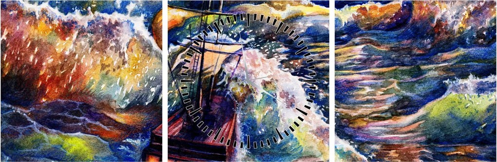 Obraz - Statek na falach oceanu, akwarela (z zegarem) (90x30 cm)