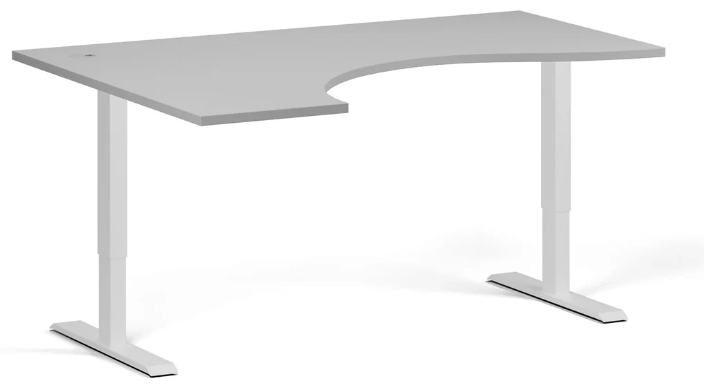 Stół z regulacją wysokości, 2 silniki, 745 - 1215 mm, ergonomiczny L/P, blat 1600 x 1200 mm, podstawa biała, szary