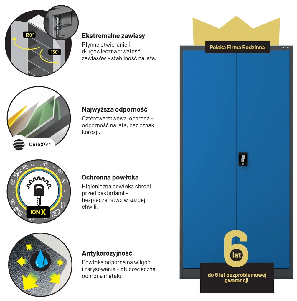 Szafa biurowa na dokumenty antracytowo-niebieska: JAN, 900 x 1850 x 400 mm