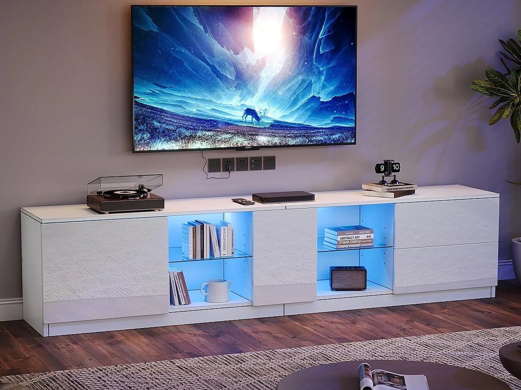 Szafka pod TV 160x40x52 cm - wysoki połysk - z LED - odpowiednia do telewizorów 65" - z 2 szufladami i 1 drzwiami - Biały