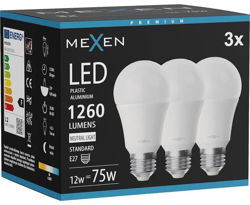 Mexen Nova 3x żarówka LED E27, A60, 12W, Neutralna - 4000K, 1260 lm - L100-E27-1240-01x03