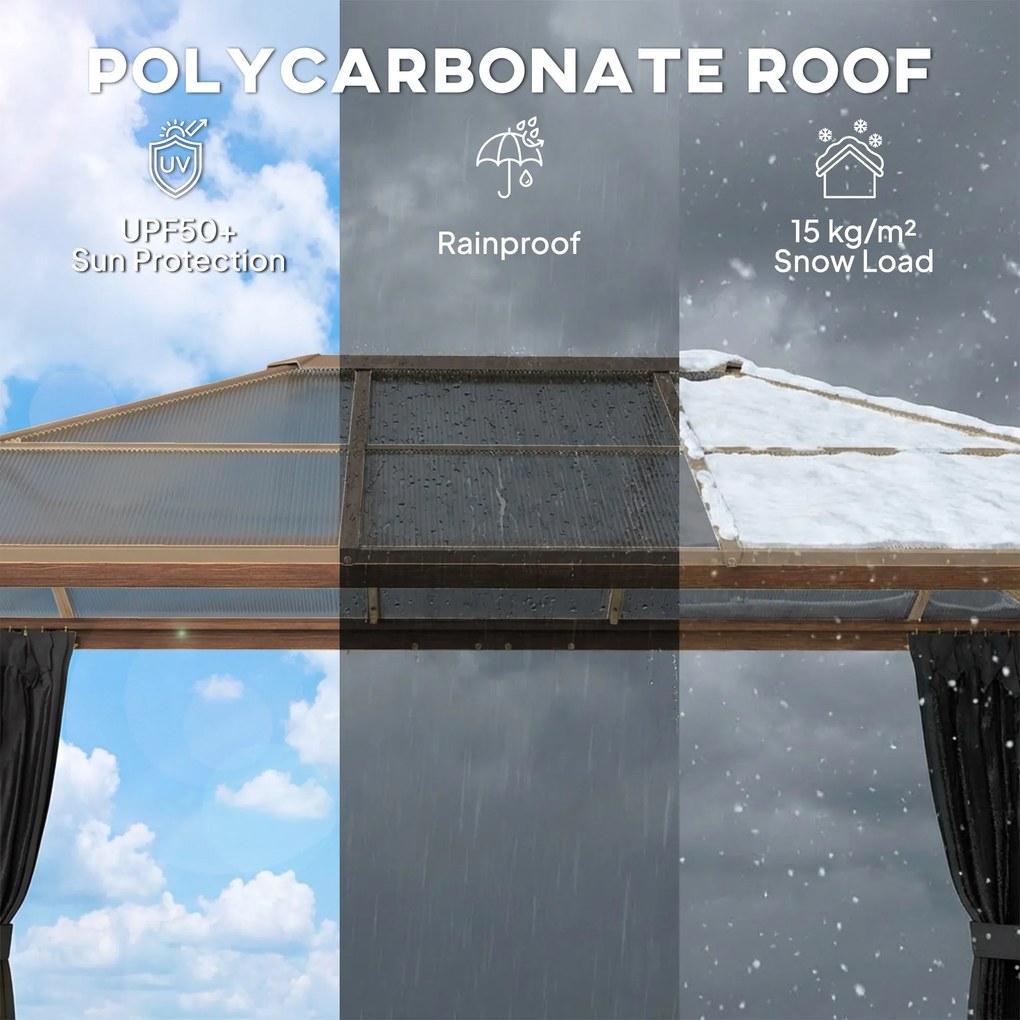 Outsunny Pawilon ogrodowy 4x3m aluminiowy z dachem z poliwęglanu 6 mm, moskitiera, 4 zasłony, imitacja drewna, naturalne drewno | Aosom PL