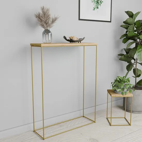 Konsola z metalowym stelażem dąb artisan + złoty D6-H84