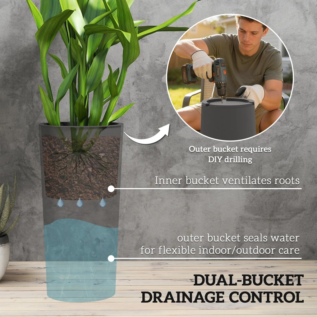 Outsunny Zestaw 2 Donic, Stosowane jedna w drugiej, Donice z Odpływem 35x35 cm, Okrągłe, Ciemnoszare | Aosom PL