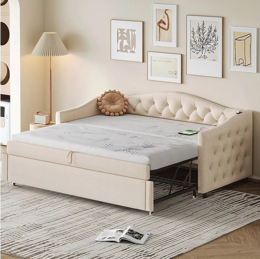 Łóżko dla dzieci 90x200 cm - z portem USB i stelażem - beżowy len - bez materaca