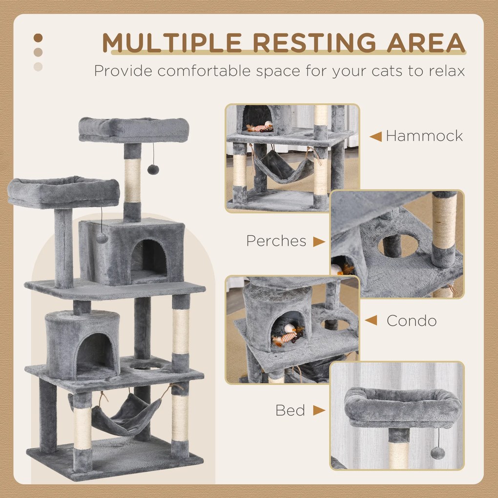 PawHut Duży drapak dla kotów 145 cm, z hamakiem, drzewko do wspinaczki dla kotów, drapak z jaskiniami i słupkami obszytymi sizalem, Jasnoszary