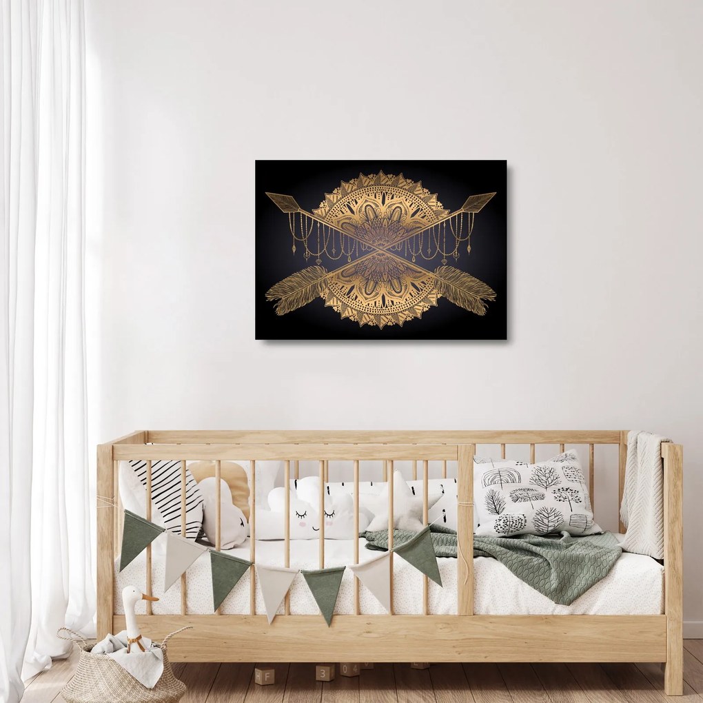 Obraz na szkle - Złota mandala ze strzałkami (70x50 cm)