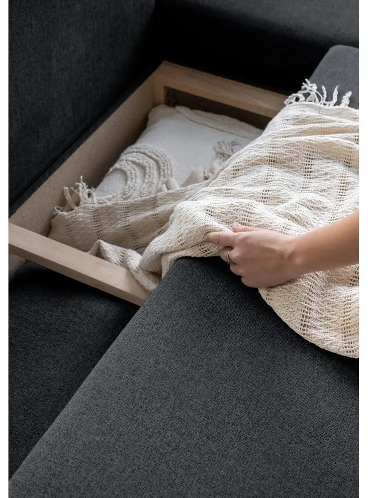 Ciemnoszara rozkładana sofa w kształcie litery "U" Miuform Scandic Lagom, prawostronna