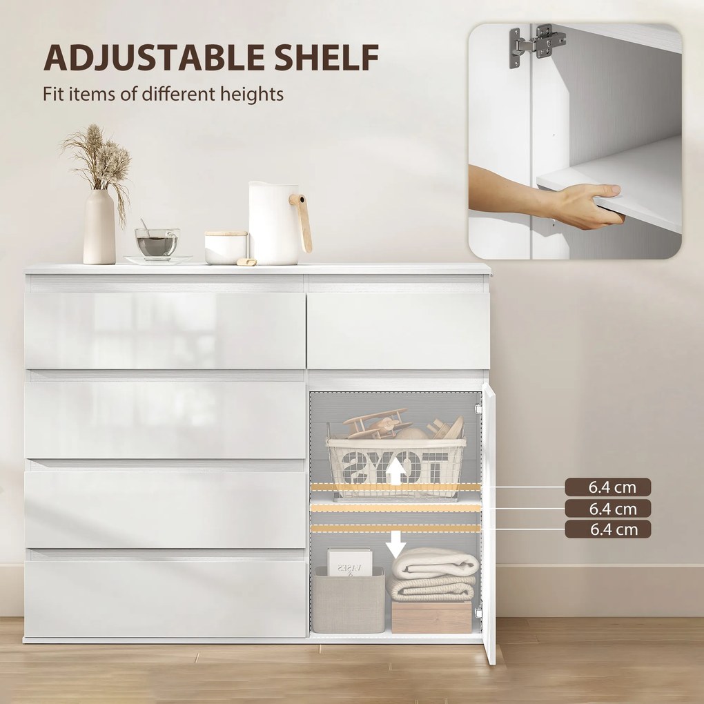 HOMCOM Nowoczesny sideboard, szafka do przechowywania z 5 szufladami, regulowaną półką, drzwiami Soft-Close, biały wysoki połysk | Aosom PL