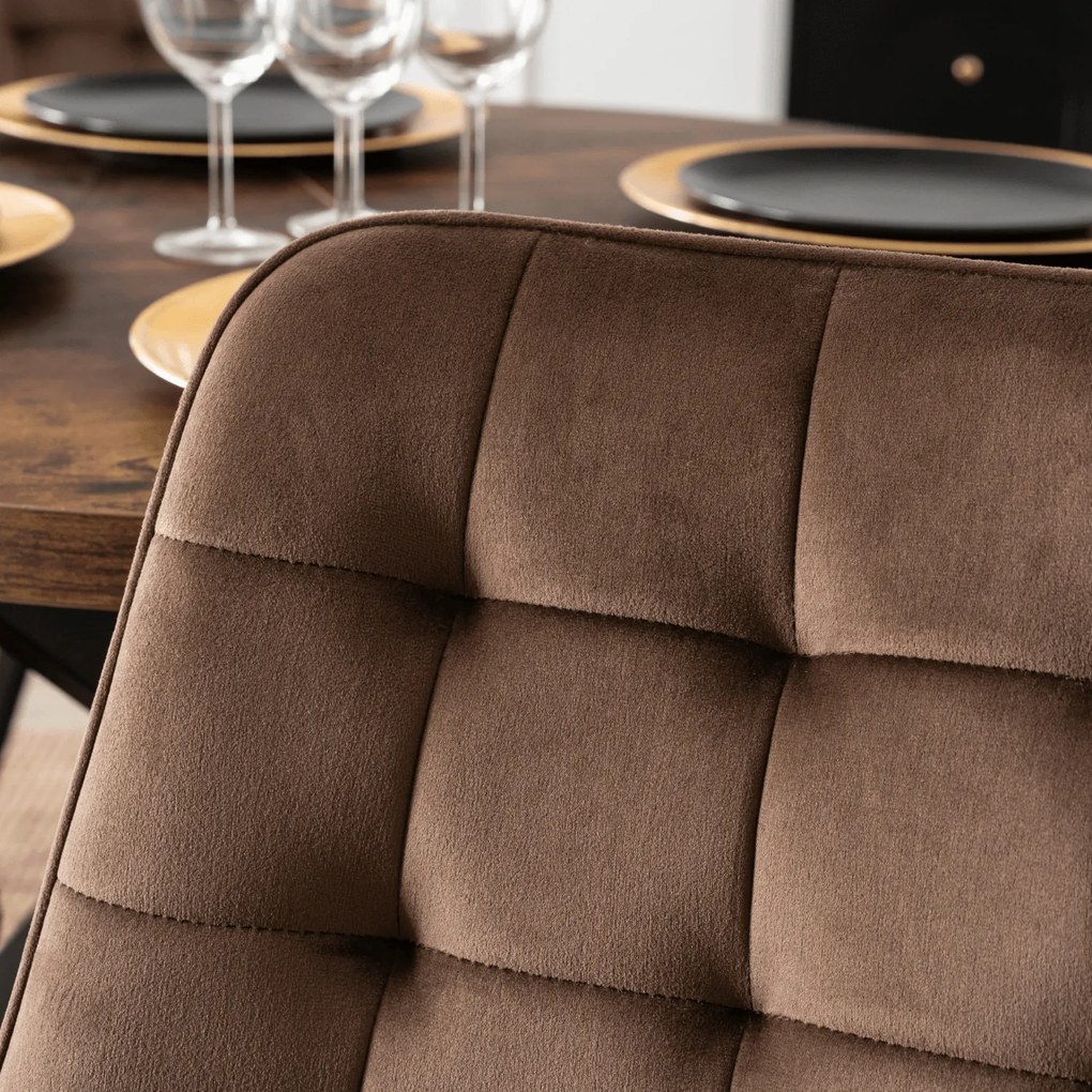 Zestaw Stół Okrągły Rozkładany LUKAS 100-250 cm Dąb Rustykalny/Czarny i 4 Krzesła Tapicerowane RICK Brązowe Welurowe Nowoczesne