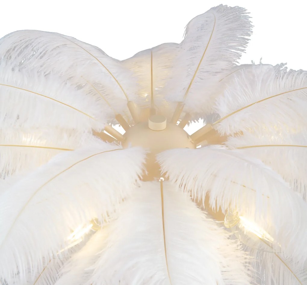 Lampa podłogowa Art Deco beżowa z białymi piórami - Peahen ArtDeco Oswietlenie wewnetrzne