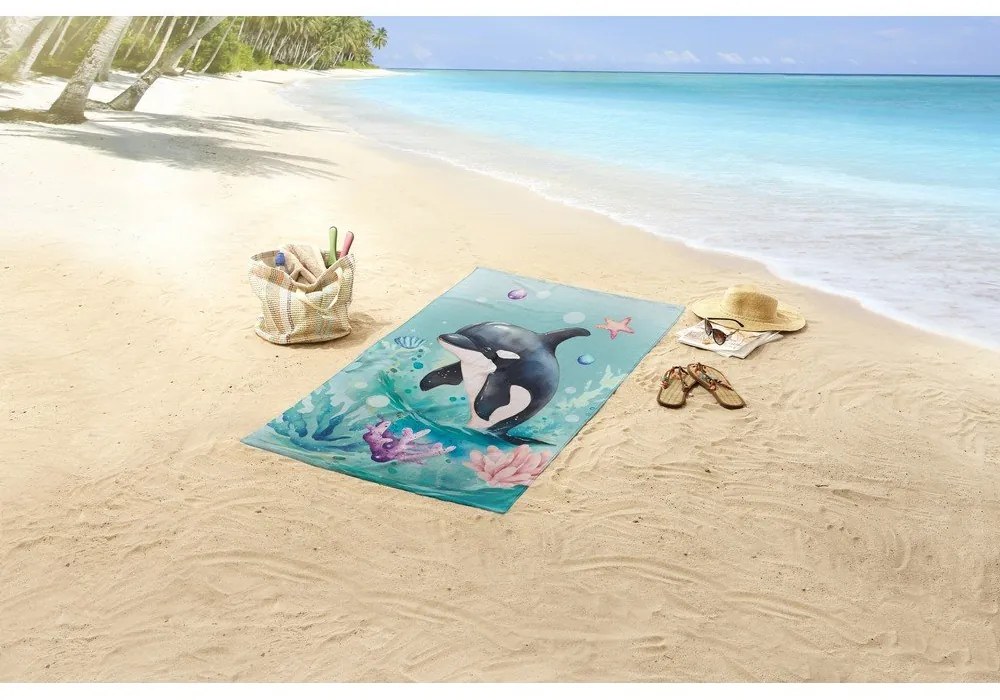 Niebieski aksamitny ręcznik plażowy dla dzieci 75x150 cm Splash – Good Morning